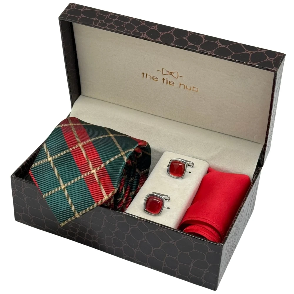 Red and Green Check Necktie with Red Enamel Cufflinks and Pocket SquareCombo for Men