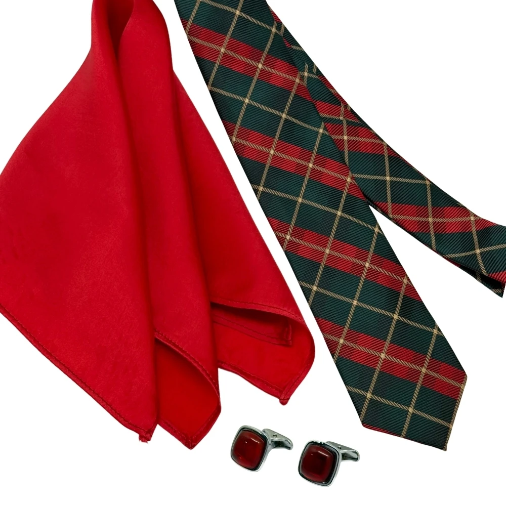 Red and Green Check Necktie with Red Enamel Cufflinks and Pocket SquareCombo for Men