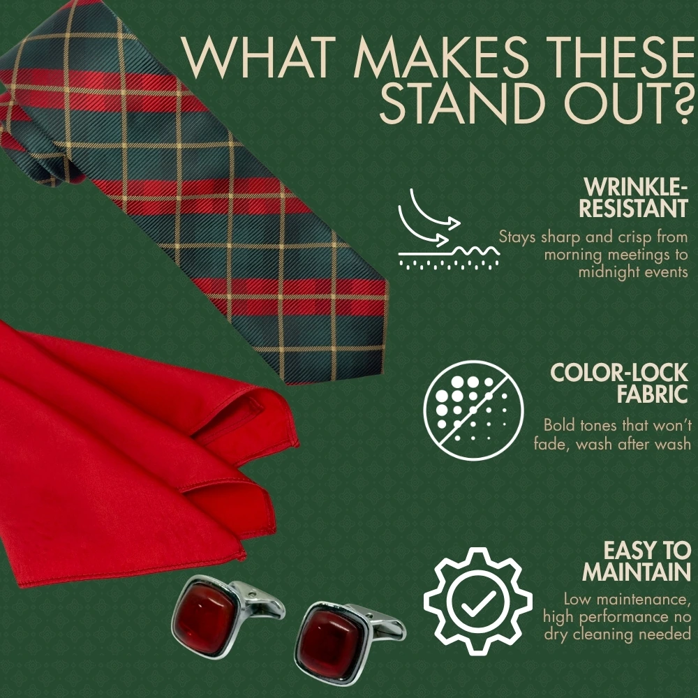 Red and Green Check Necktie with Red Enamel Cufflinks and Pocket SquareCombo for Men