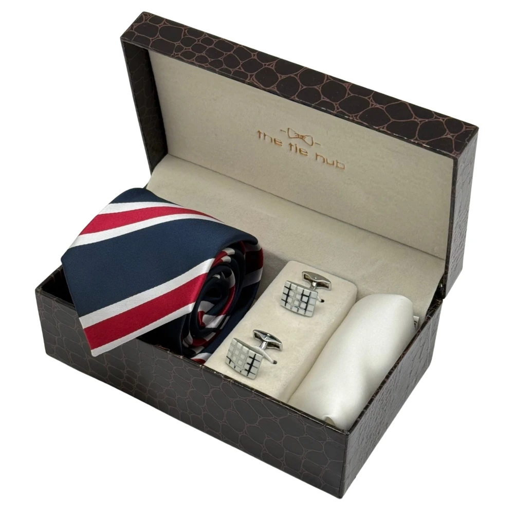 Navy Blue and Maroon Stripe Necktie with White Grid Cufflinks and Pocket SquareCombo for Men