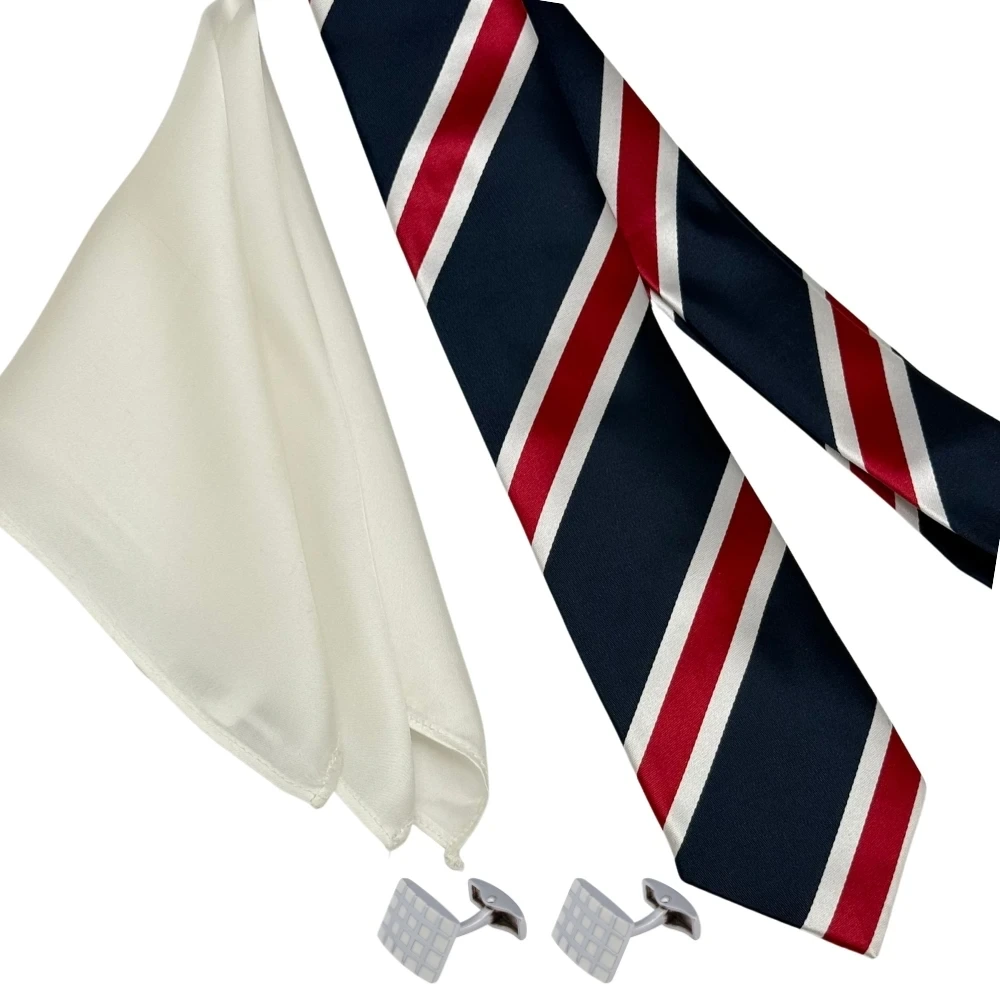 Navy Blue and Maroon Stripe Necktie with White Grid Cufflinks and Pocket SquareCombo for Men