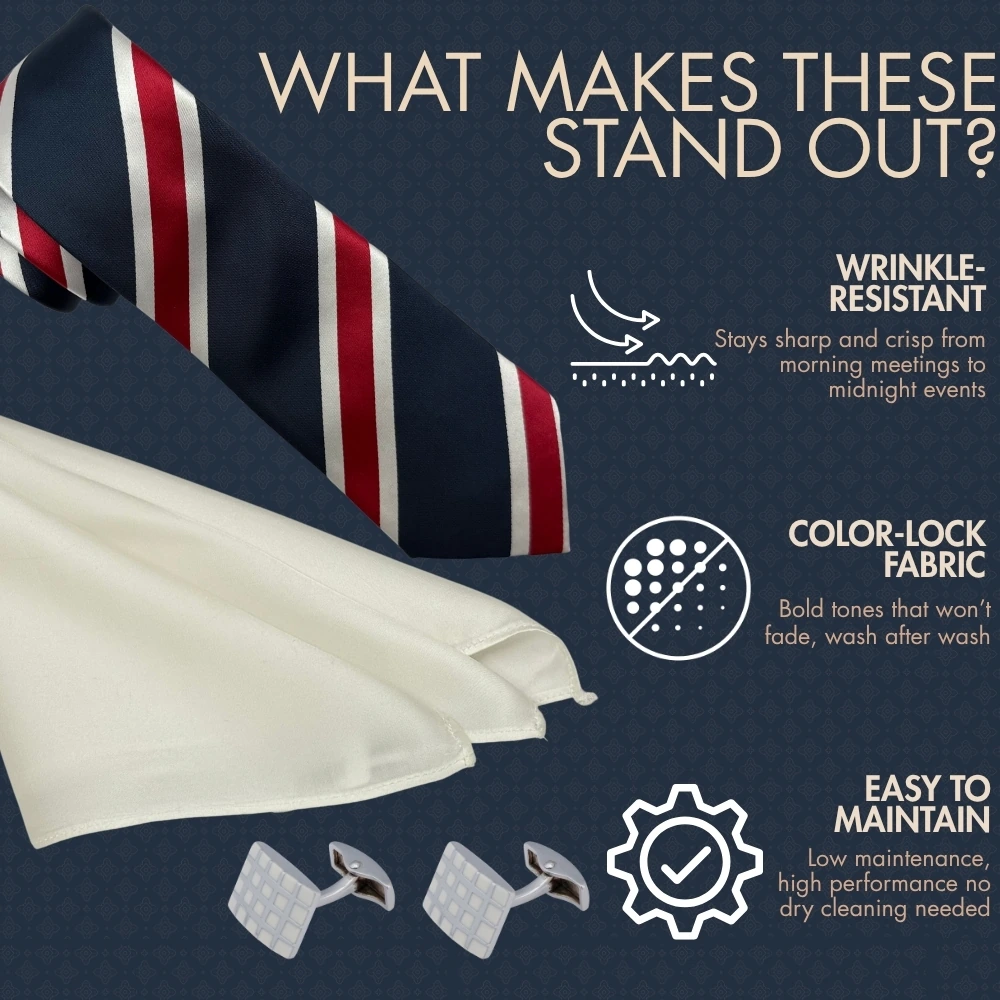 Navy Blue and Maroon Stripe Necktie with White Grid Cufflinks and Pocket SquareCombo for Men