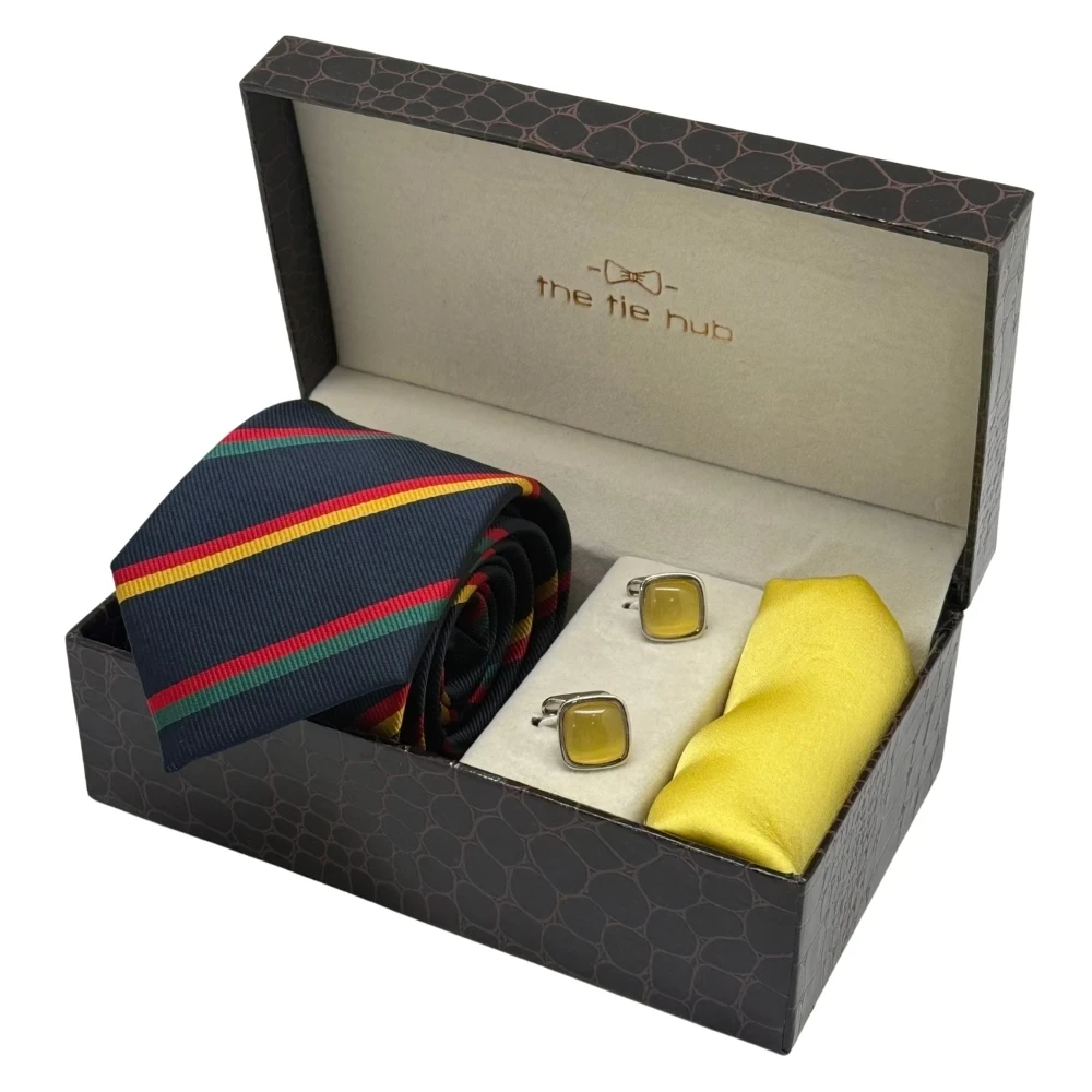 Navy Blue with Yellow,Red and Green Stripe Necktie with Yellow Cufflinks and Pocket SquareCombo for Men