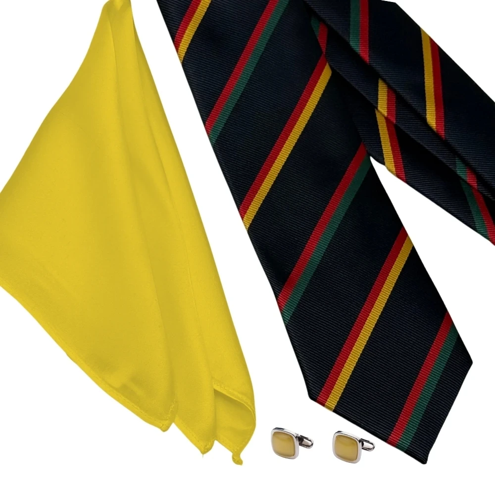 Navy Blue with Yellow,Red and Green Stripe Necktie with Yellow Cufflinks and Pocket SquareCombo for Men