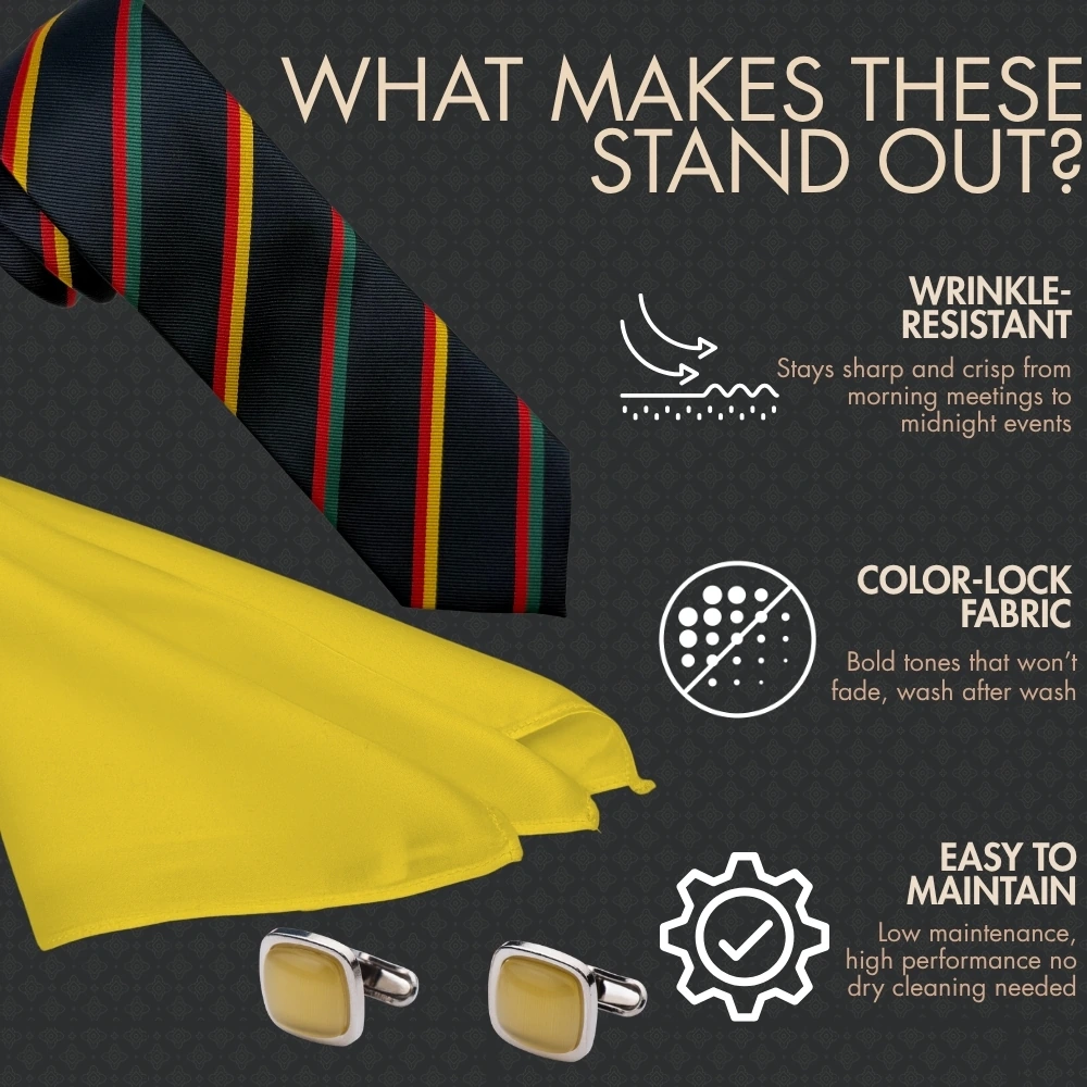 Navy Blue with Yellow,Red and Green Stripe Necktie with Yellow Cufflinks and Pocket SquareCombo for Men