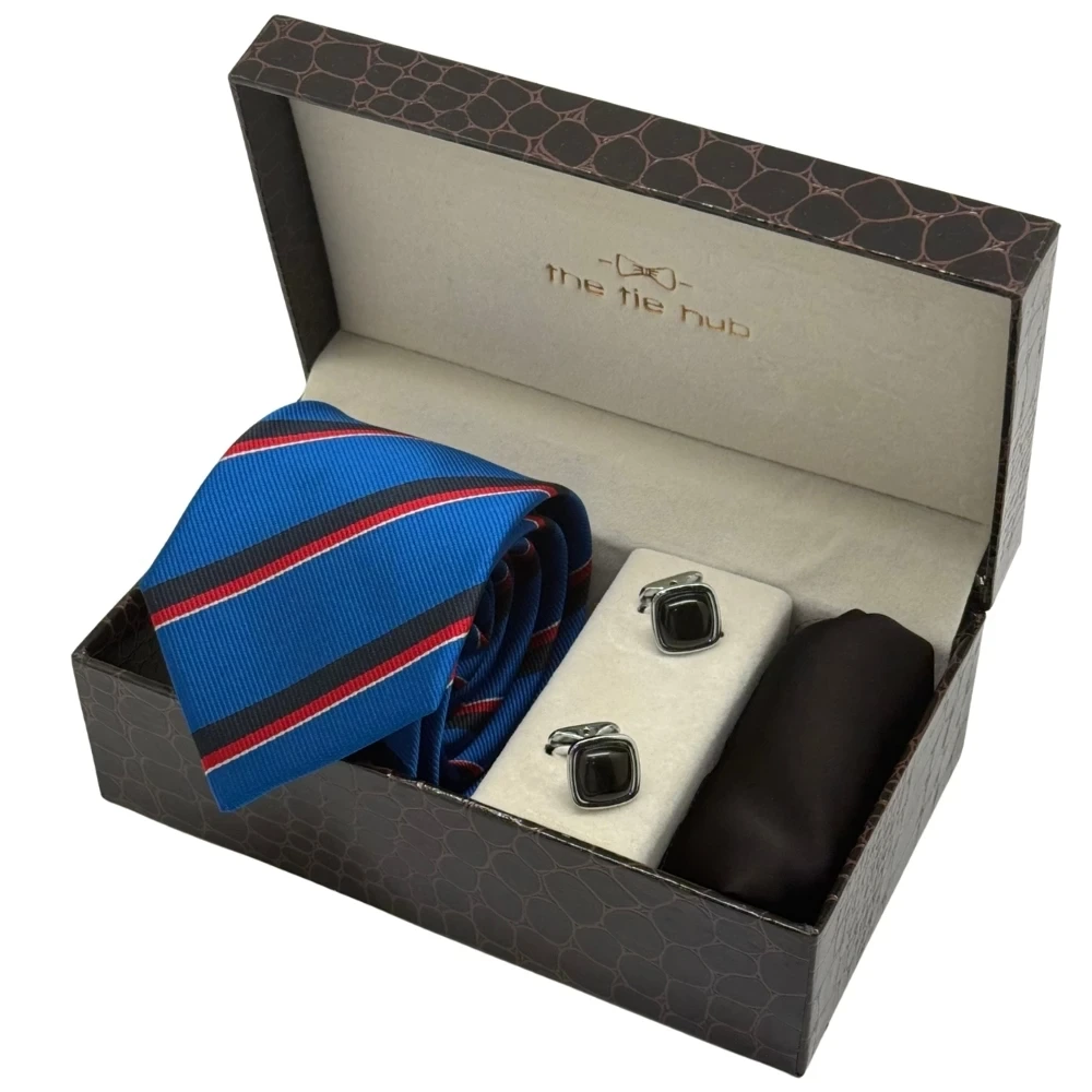 Royal Blue with Red Stripe Necktie Combo with Black Cufflinks and Black Pocket SquareFor Men