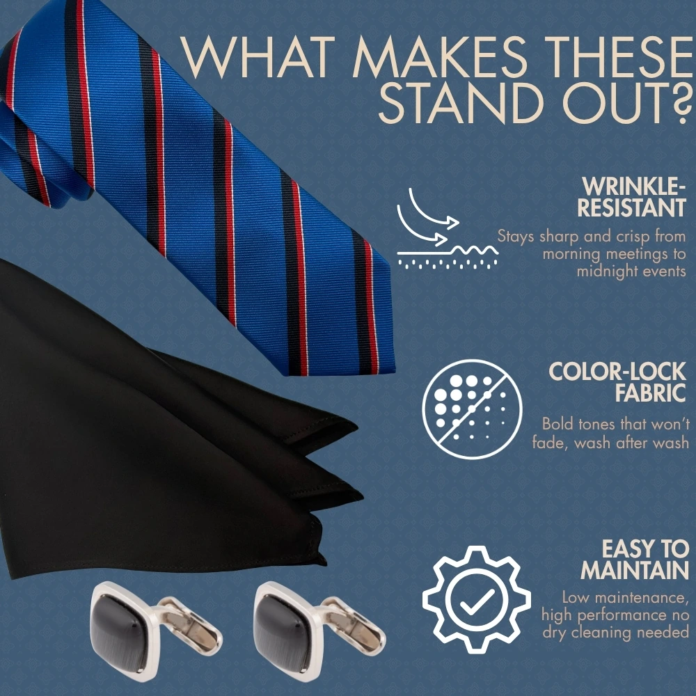 Royal Blue with Red Stripe Necktie Combo with Black Cufflinks and Black Pocket SquareFor Men