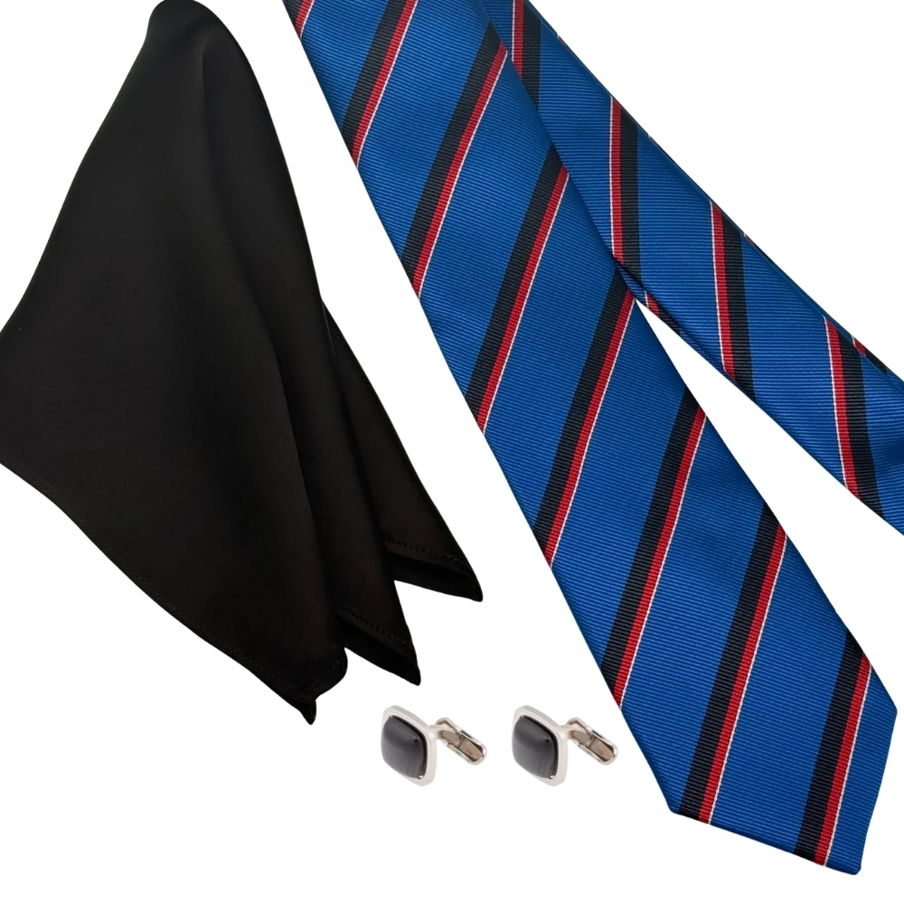 Royal Blue with Red Stripe Necktie Combo with Black Cufflinks and Black Pocket SquareFor Men