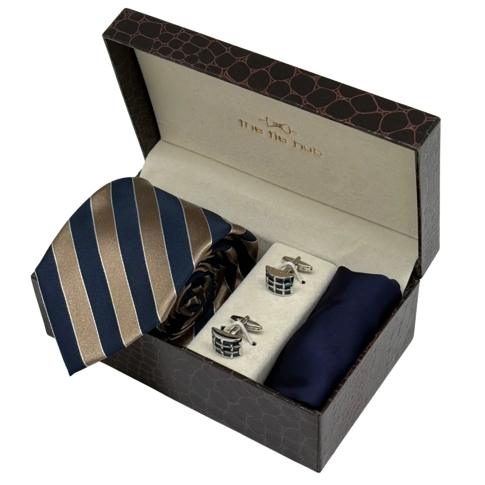 Blue and Beige Silk Necktie with Navy Blue Cufflinks Combo for Men