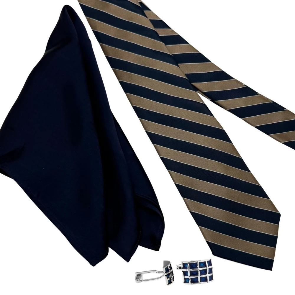 Blue and Beige Silk Necktie with Navy Blue Cufflinks Combo for Men