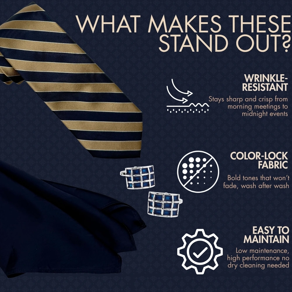 Blue and Beige Silk Necktie with Navy Blue Cufflinks Combo for Men