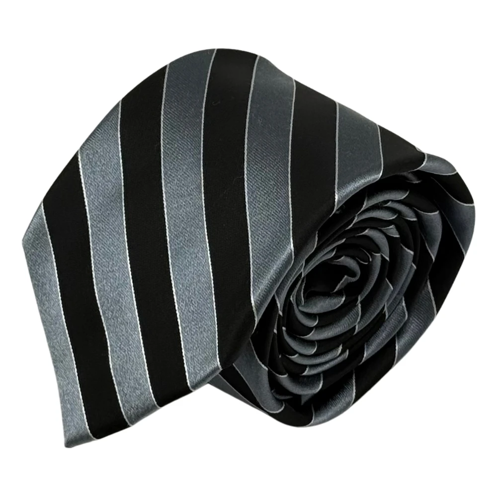 Black and Grey Silk Necktie with Silver Cufflinks Combo for Men