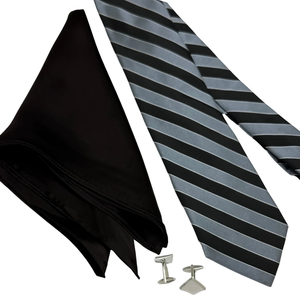 Black and Grey Silk Necktie with Silver Cufflinks Combo for Men