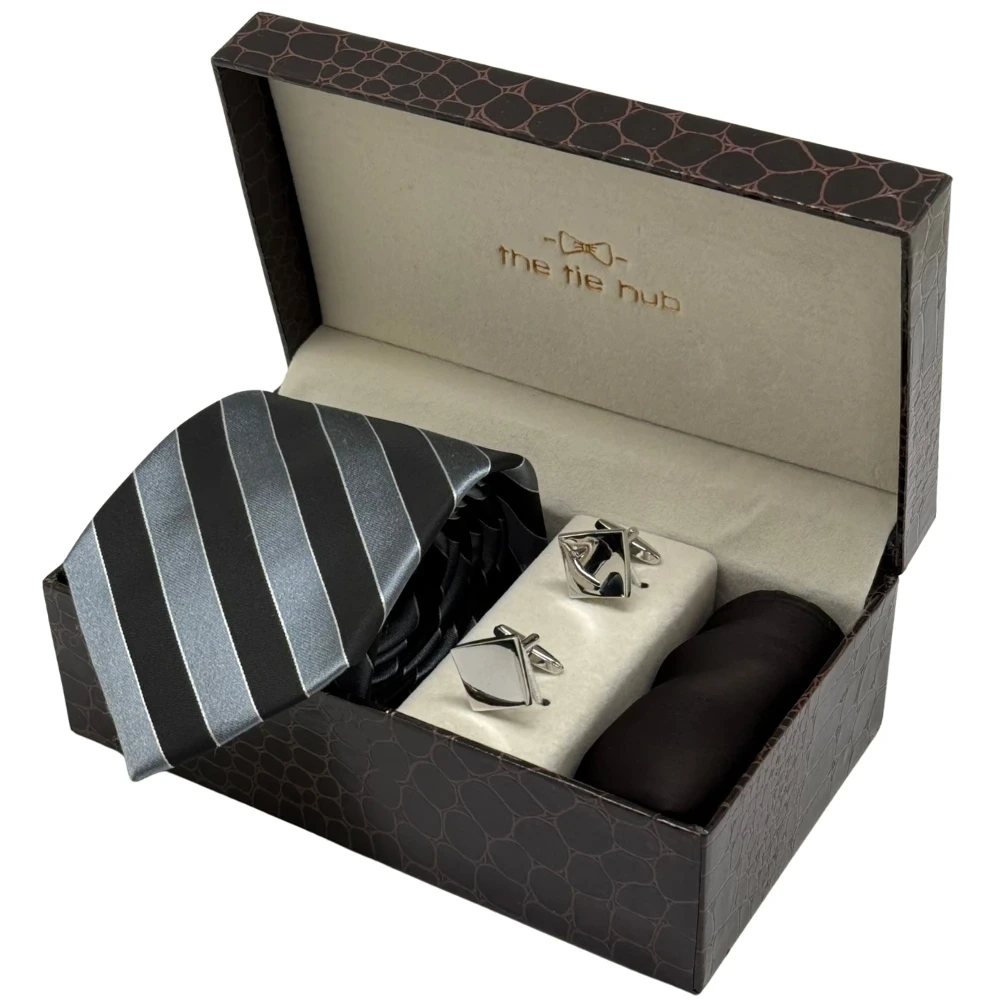 Black and Grey Silk Necktie with Silver Cufflinks Combo for Men