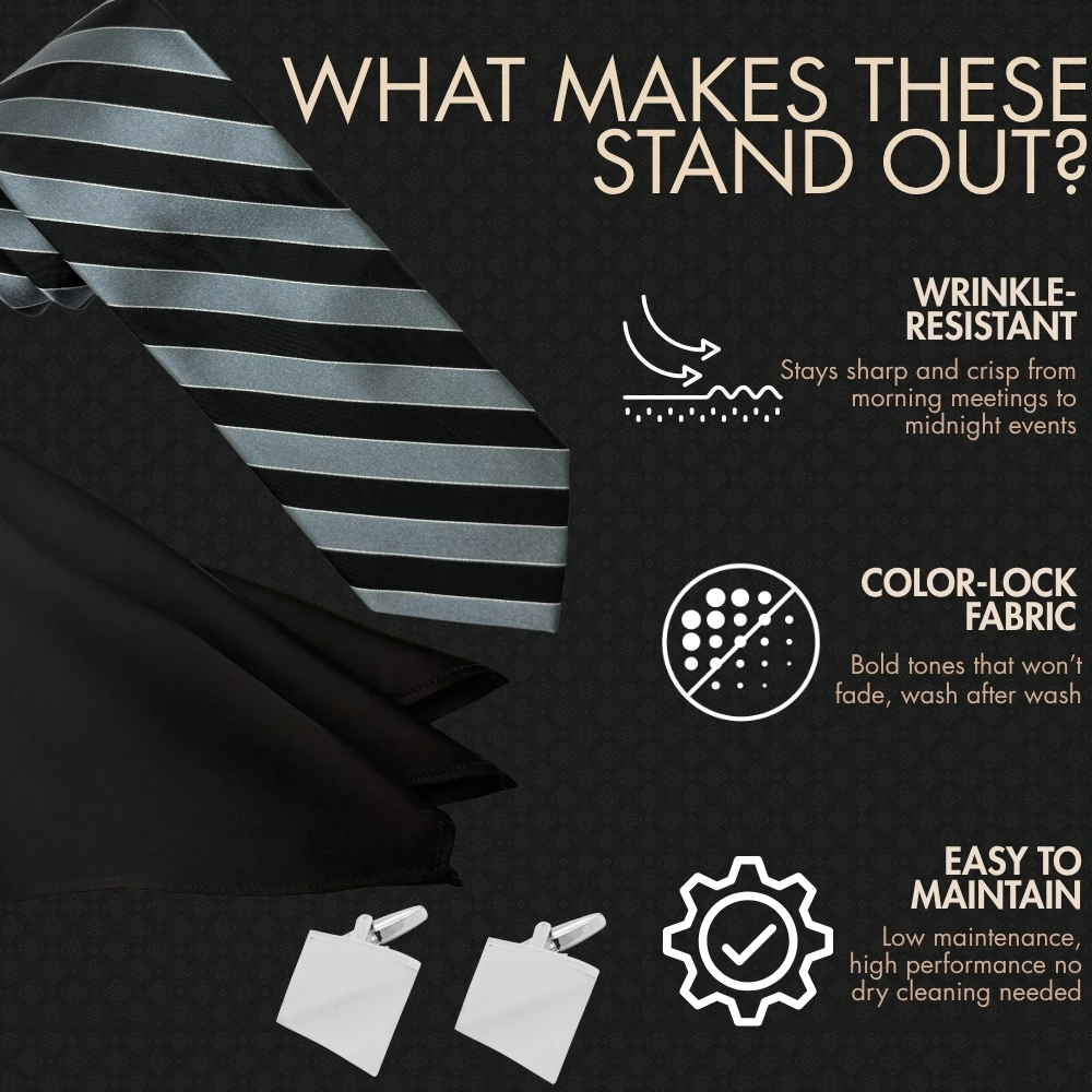 Black and Grey Silk Necktie with Silver Cufflinks Combo for Men