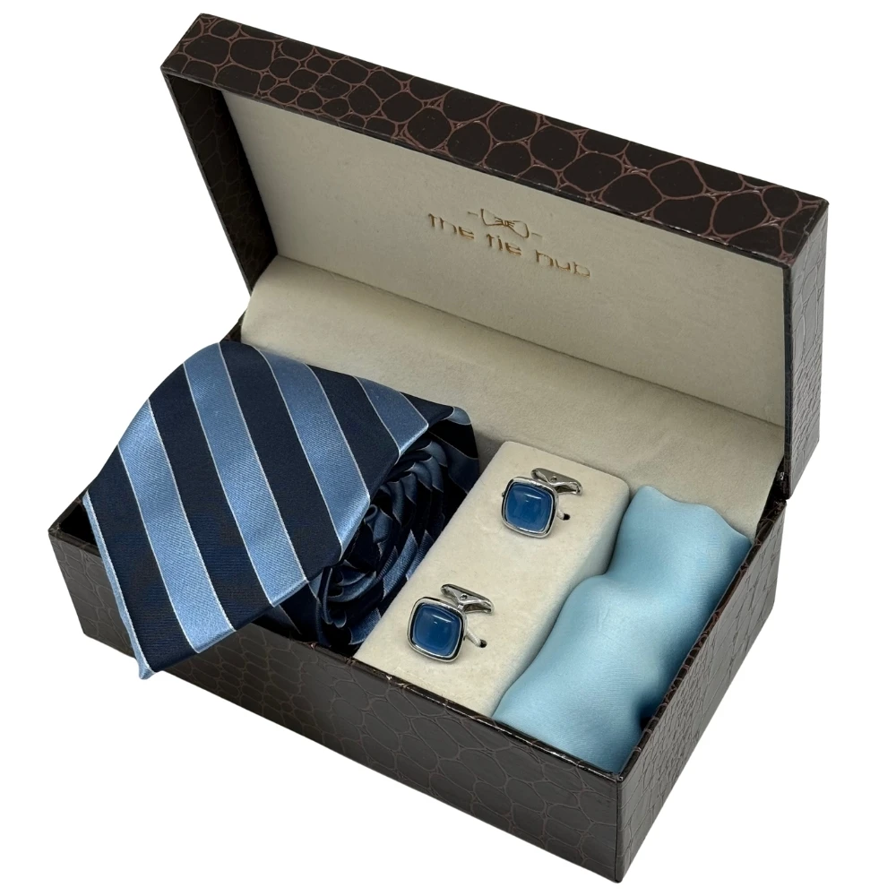 Navy Blue and Sky Blue Silk Necktie with Blue Cufflinks Combo for Men