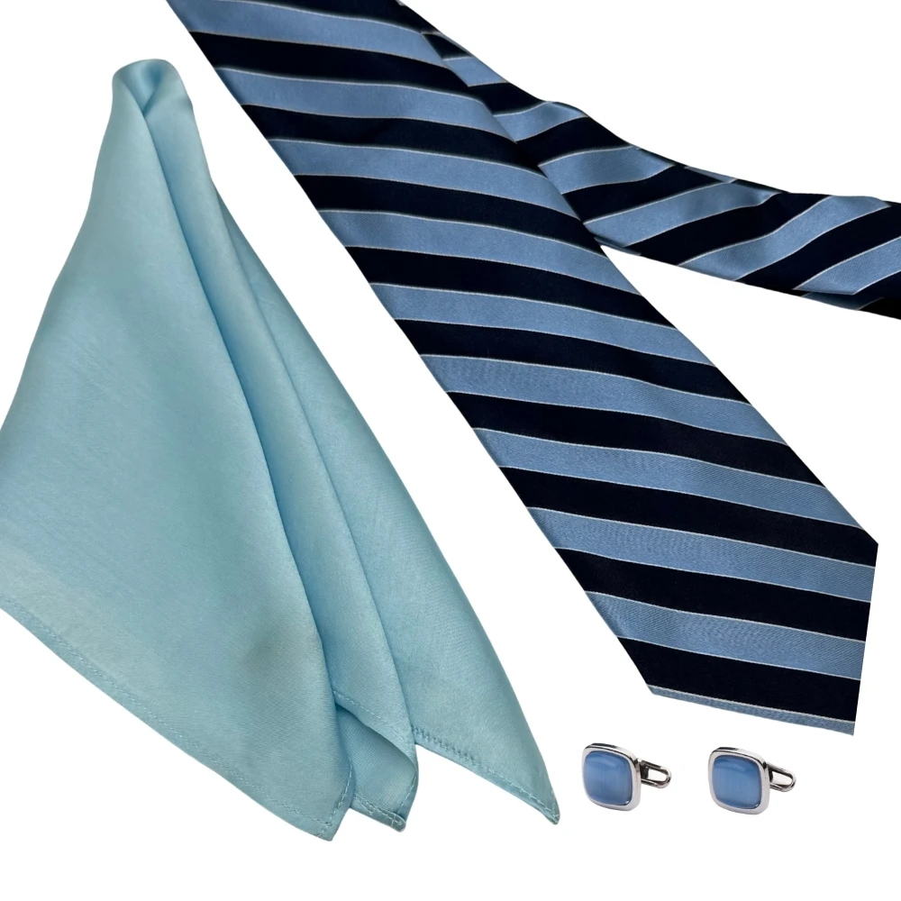 Navy Blue and Sky Blue Silk Necktie with Blue Cufflinks Combo for Men
