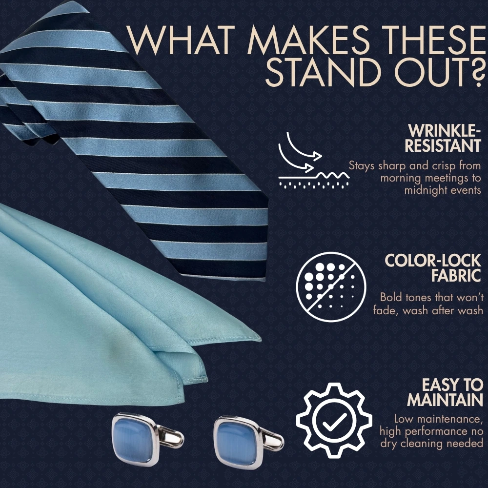 Navy Blue and Sky Blue Silk Necktie with Blue Cufflinks Combo for Men