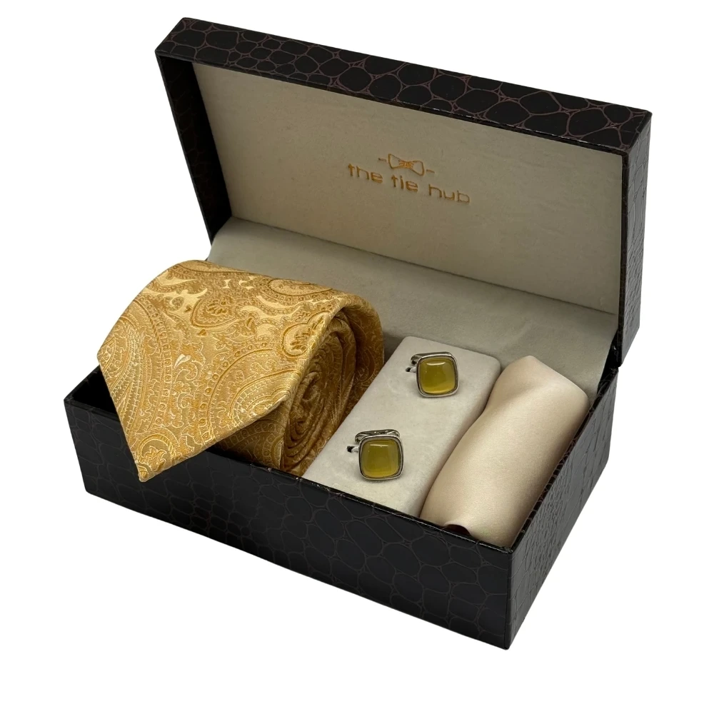 Yellow Paisley Necktie with Yellow Cufflinks and Cream Pocket Square Combo for Men