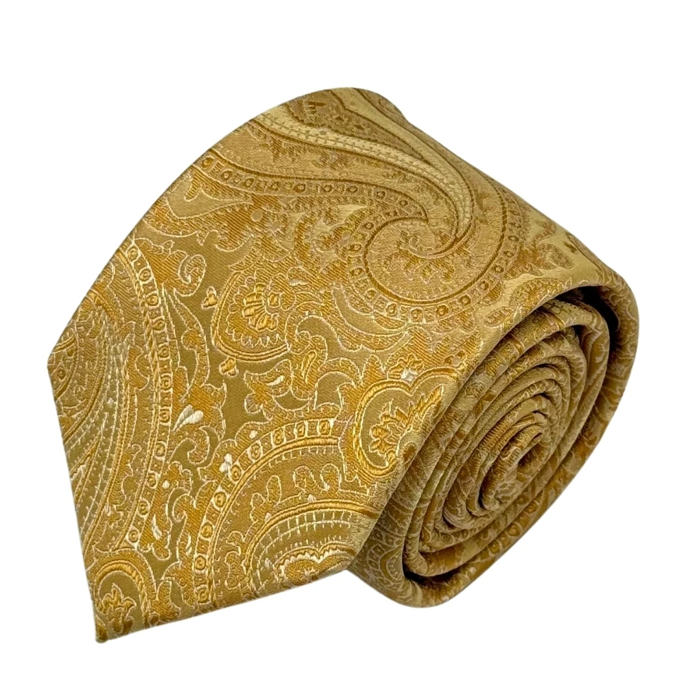 Yellow Paisley Necktie with Yellow Cufflinks and Cream Pocket Square Combo for Men