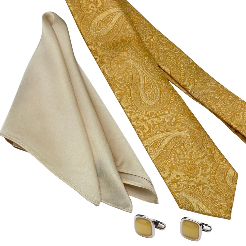 Yellow Paisley Necktie with Yellow Cufflinks and Cream Pocket Square Combo for Men