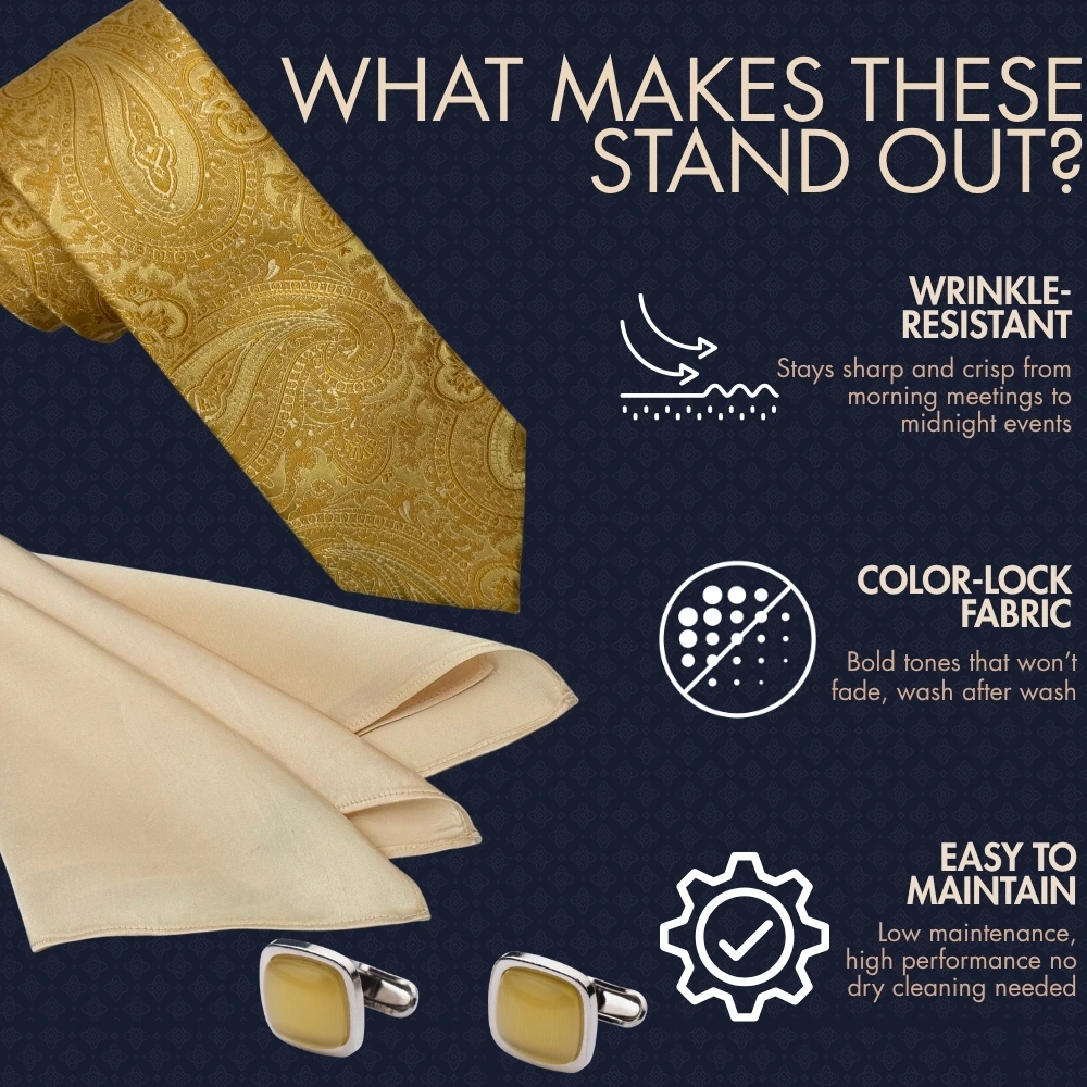 Yellow Paisley Necktie with Yellow Cufflinks and Cream Pocket Square Combo for Men