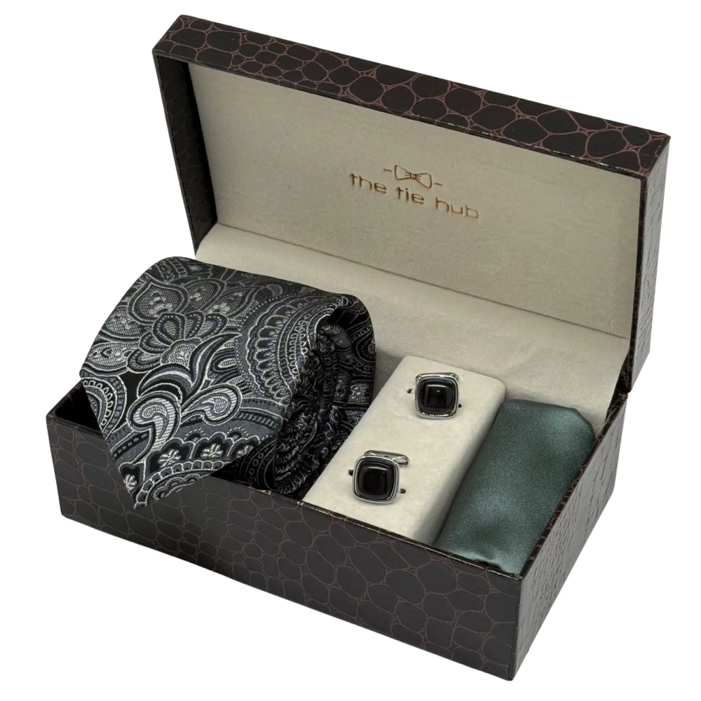 Black and Grey Paisley Necktie with Black Cufflinks and Grey Pocket SquareCombo for Men