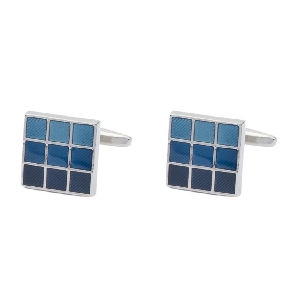 Blue and White Silk Necktie with Grid Enamel Cufflinks Combo for Men