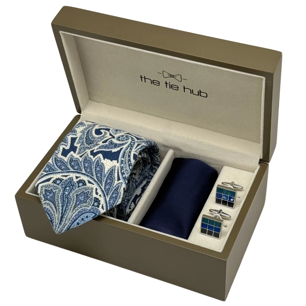 Blue and White Silk Necktie with Grid Enamel Cufflinks Combo for Men