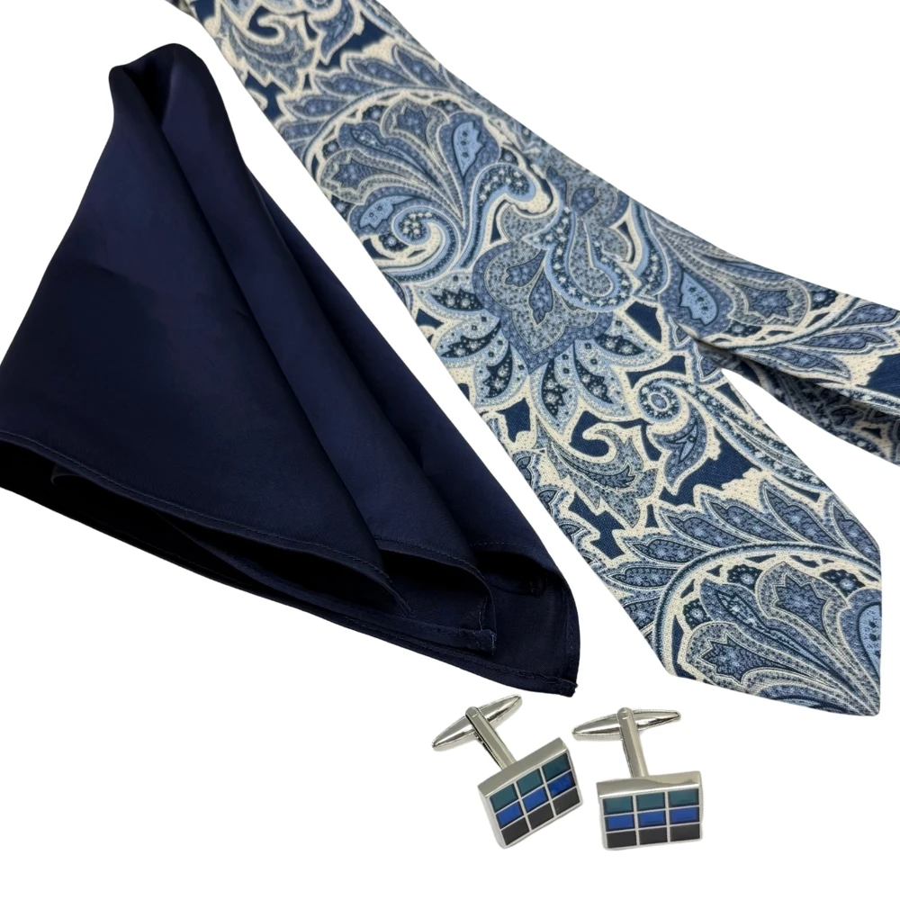 Blue and White Silk Necktie with Grid Enamel Cufflinks Combo for Men