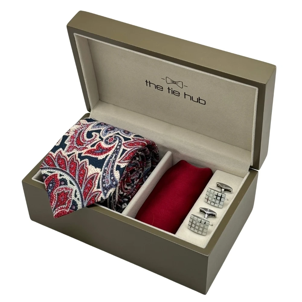 Navy Blue and Red Paisley Necktie with White Grid Cufflinks and Maroon Pocket Square Combo for Men
