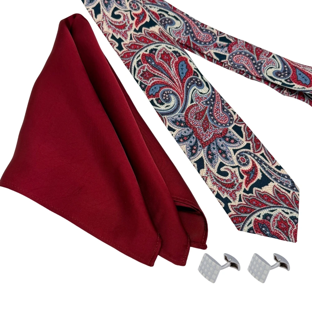 Navy Blue and Red Paisley Necktie with White Grid Cufflinks and Maroon Pocket Square Combo for Men