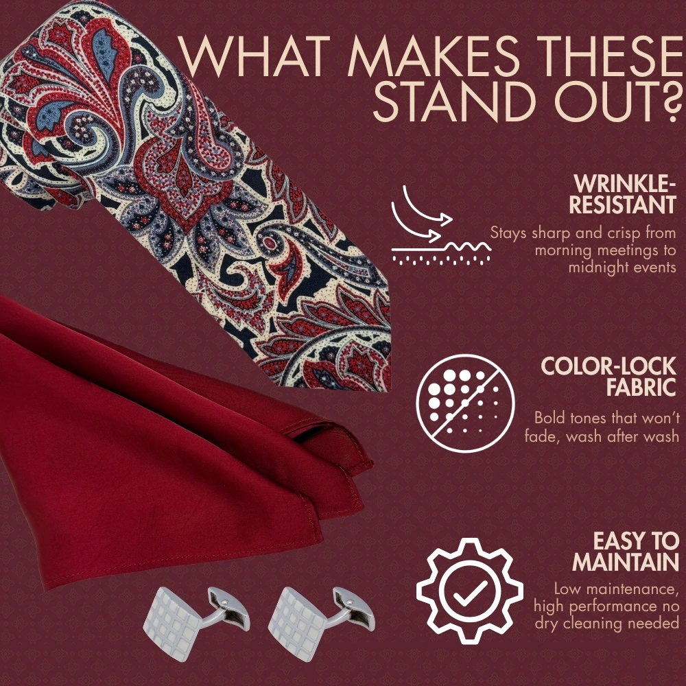 Navy Blue and Red Paisley Necktie with White Grid Cufflinks and Maroon Pocket Square Combo for Men