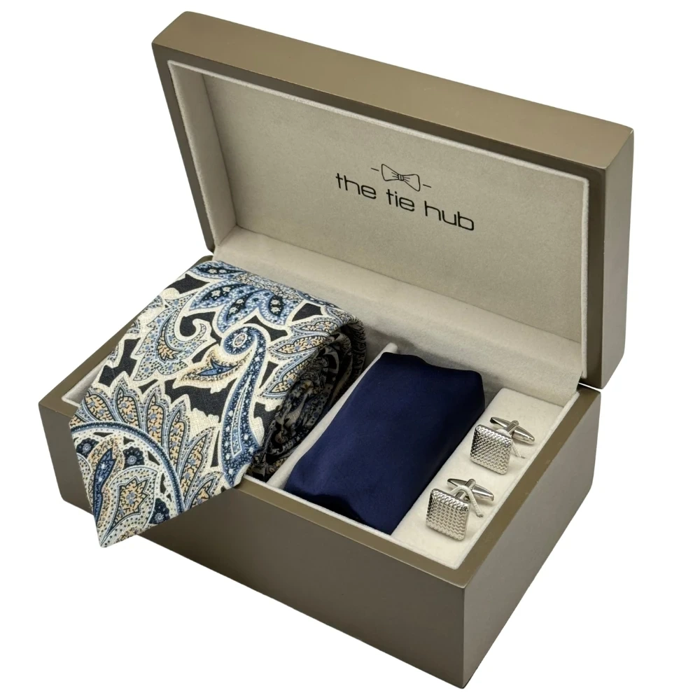 Navy Blue Beige Paisley Necktie with Textured Cufflinks and Satin Navy Blue Pocket SquareCombo for Men