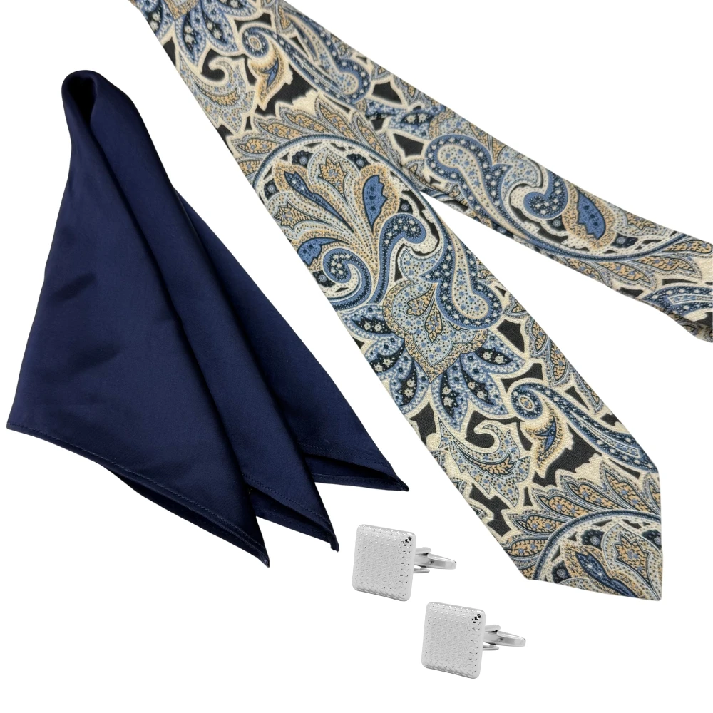 Navy Blue Beige Paisley Necktie with Textured Cufflinks and Satin Navy Blue Pocket SquareCombo for Men