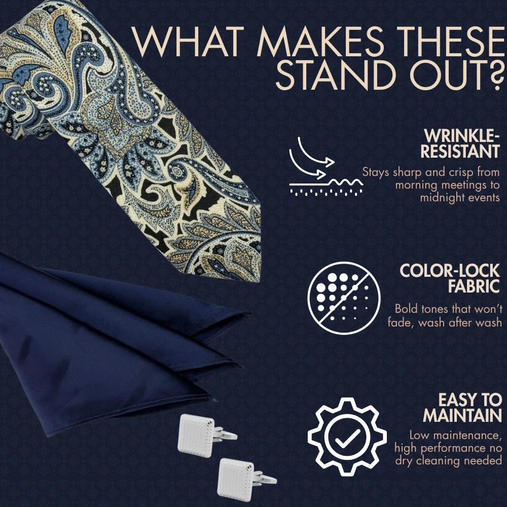 Navy Blue Beige Paisley Necktie with Textured Cufflinks and Satin Navy Blue Pocket SquareCombo for Men