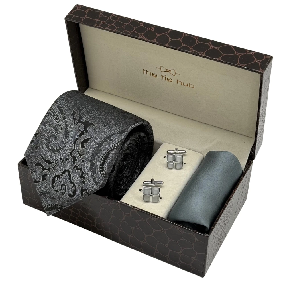 Grey Paisley Necktie with Grid Cufflinks and Charcoal Grey Pocket Square Combo for Men