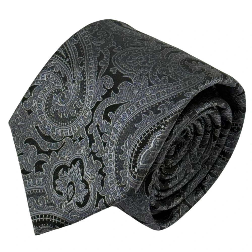 Grey Paisley Necktie with Grid Cufflinks and Charcoal Grey Pocket Square Combo for Men