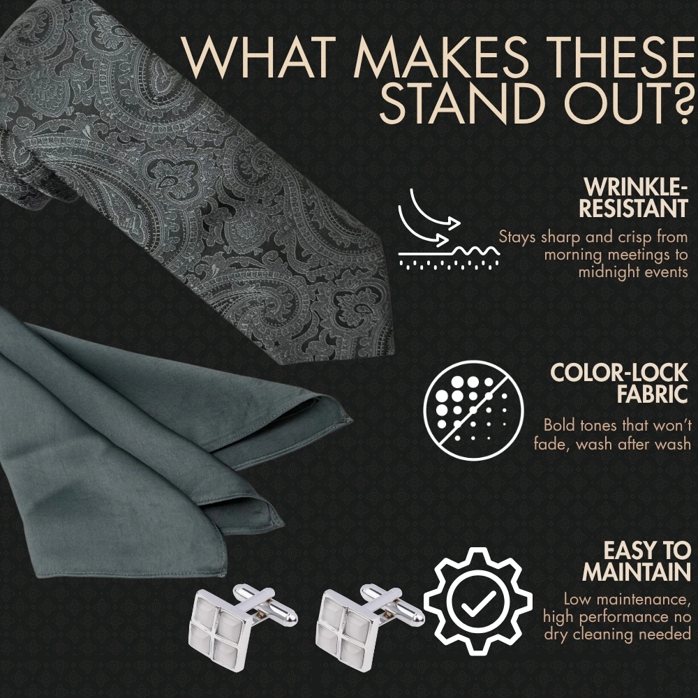 Grey Paisley Necktie with Grid Cufflinks and Charcoal Grey Pocket Square Combo for Men
