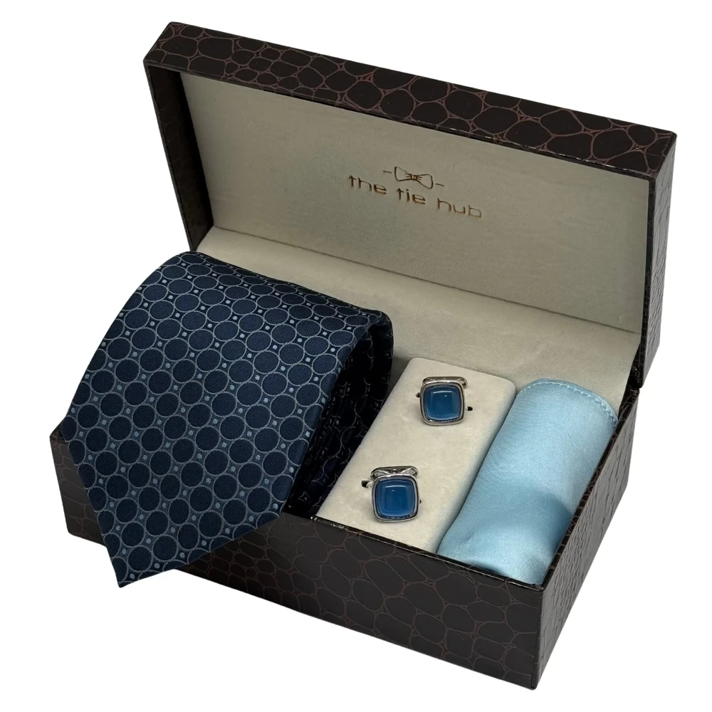 Navy Blue Geometric Necktie with Blue Cufflinks and Sky Pocket Square Combo for Men