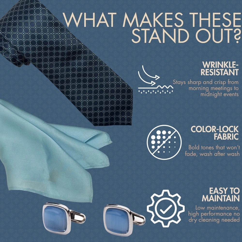 Navy Blue Geometric Necktie with Blue Cufflinks and Sky Pocket Square Combo for Men