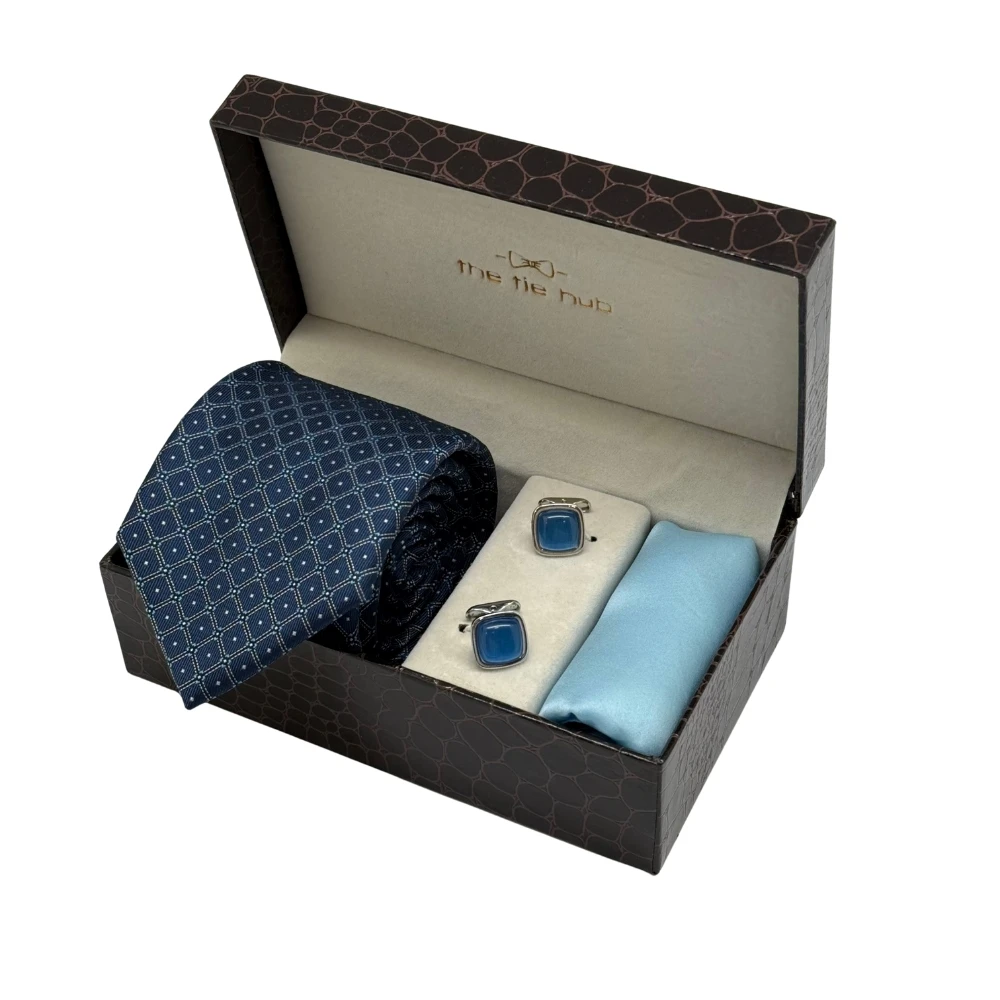 Navy Blue Diamond Necktie with Blue Cufflinks and Sky Pocket Square Combo for Men