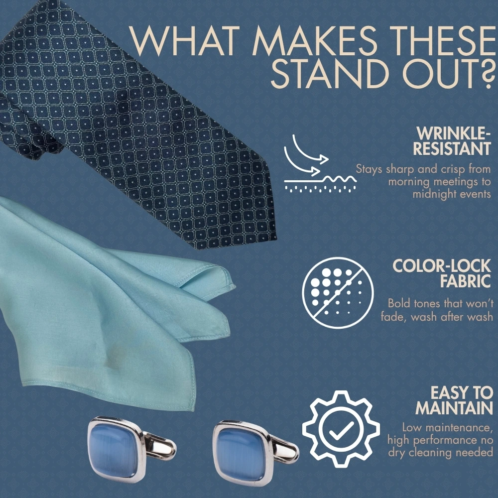 Navy Blue Diamond Necktie with Blue Cufflinks and Sky Pocket Square Combo for Men