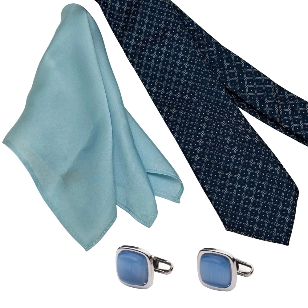 Navy Blue Diamond Necktie with Blue Cufflinks and Sky Pocket Square Combo for Men