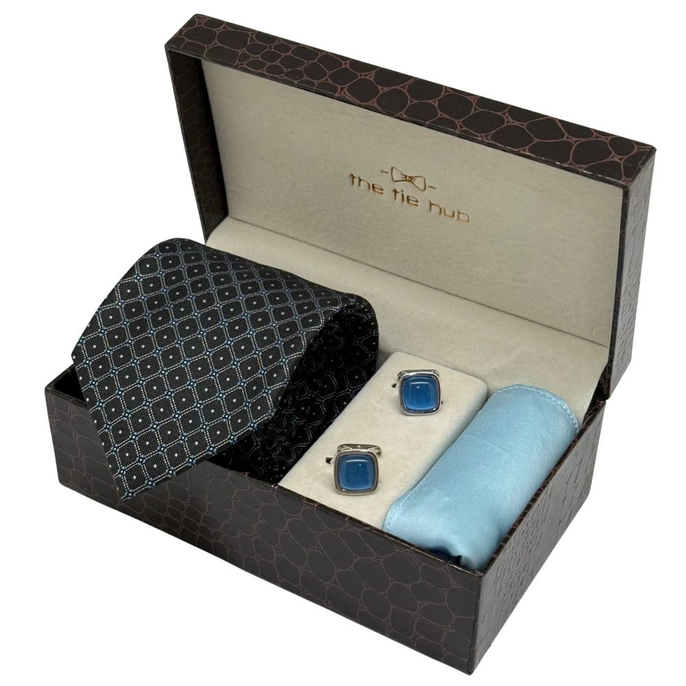 Black Diamond Necktie with Blue Cufflinks and Sky Pocket Square Combo for Men