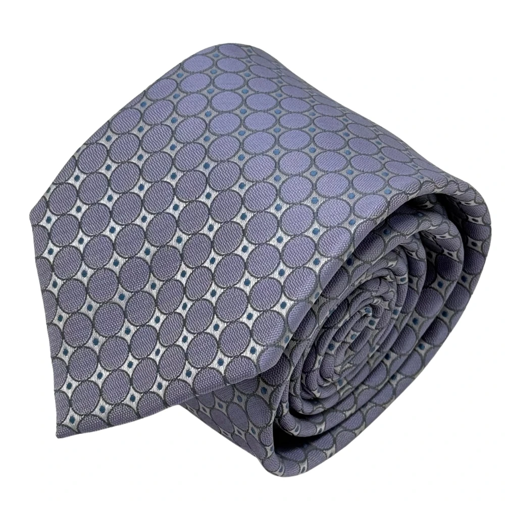 Lavender Circle Necktie with Grey Grid Cufflinks and Grey Pocket Square Combo for Men