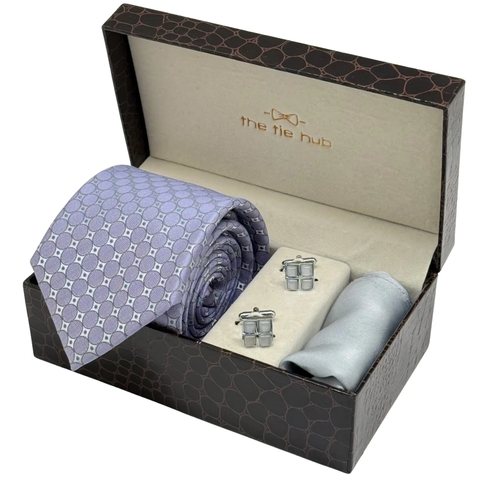 Lavender Circle Necktie with Grey Grid Cufflinks and Grey Pocket Square Combo for Men