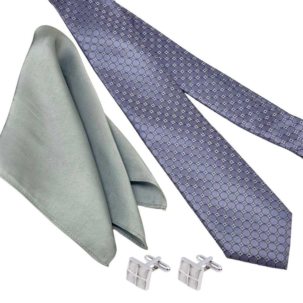 Lavender Circle Necktie with Grey Grid Cufflinks and Grey Pocket Square Combo for Men