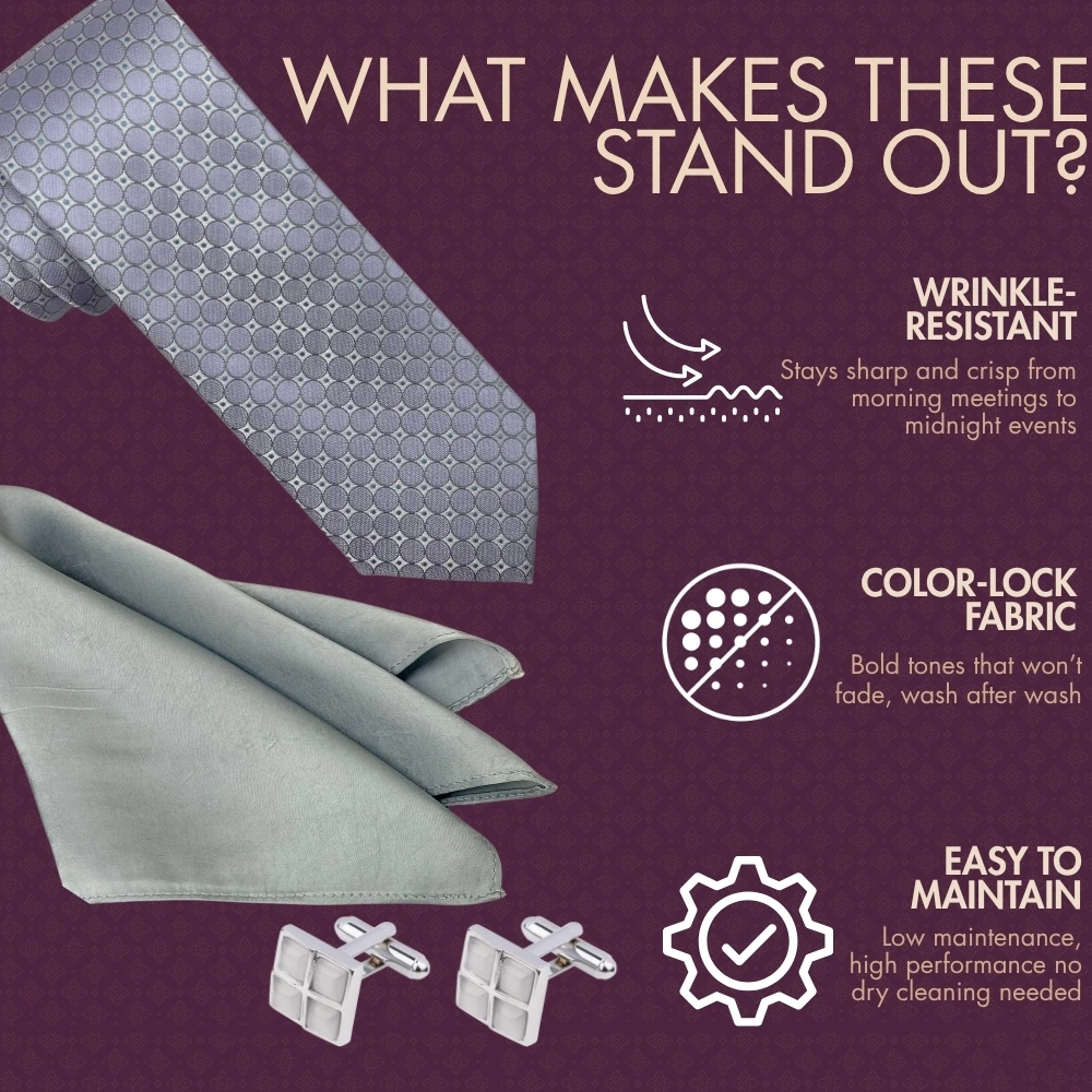 Lavender Circle Necktie with Grey Grid Cufflinks and Grey Pocket Square Combo for Men