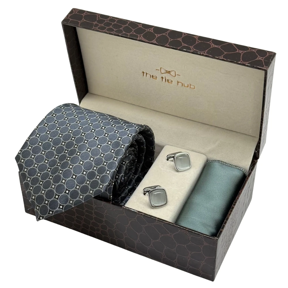 Grey Circle Necktie with Grey Cufflinks and Satin Pocket Square Combo for Men